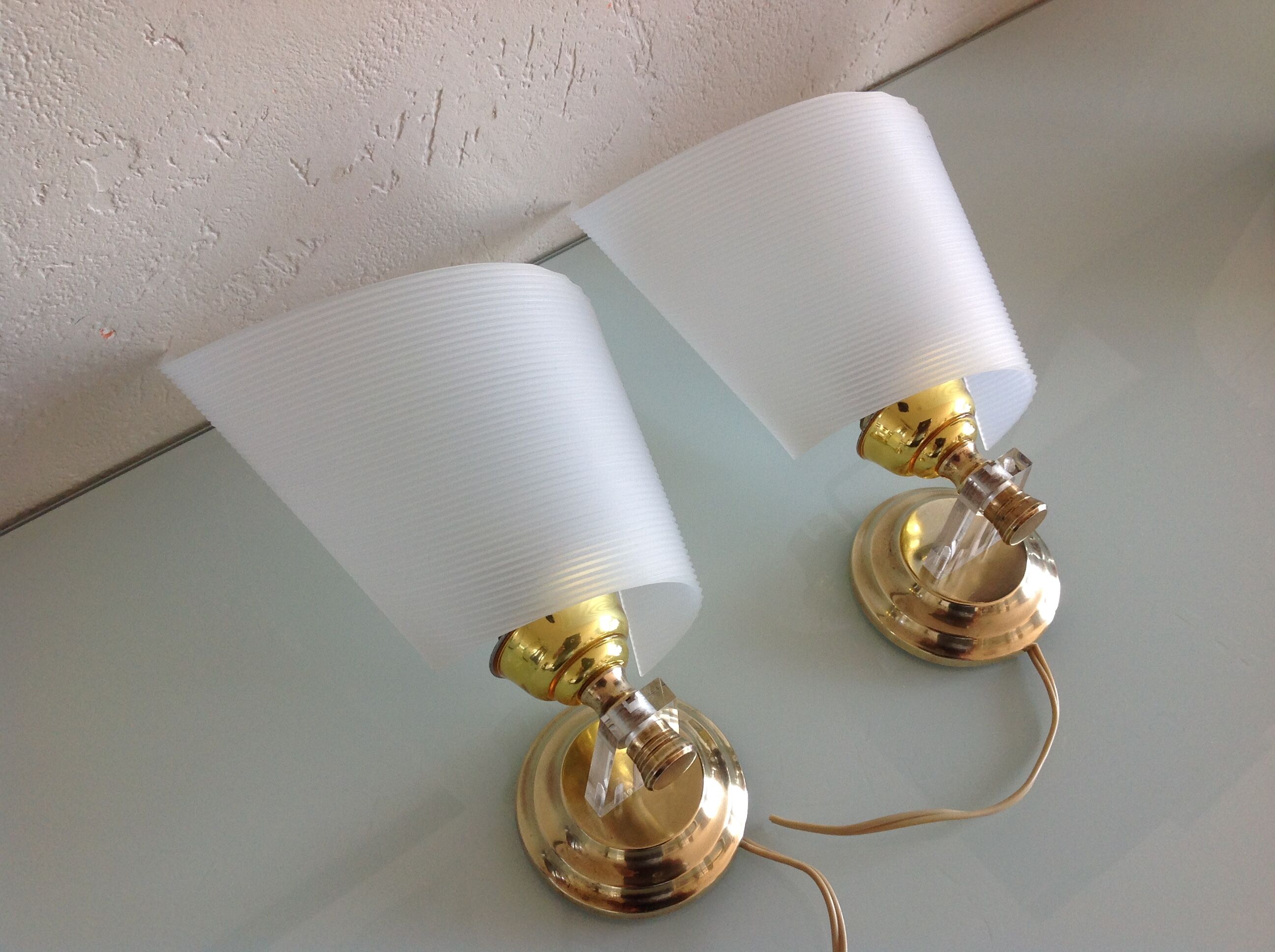 Pair of brass and perspex white /vintage 50-60s wall light