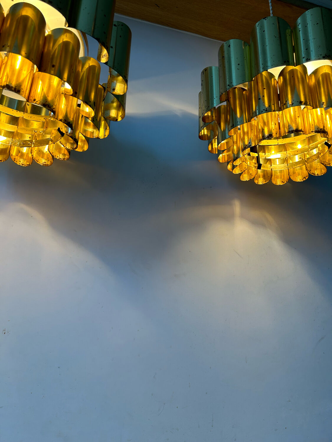 Pair of pendant lamps vintage Thorsten Orrling,solid brass, Suede 1960