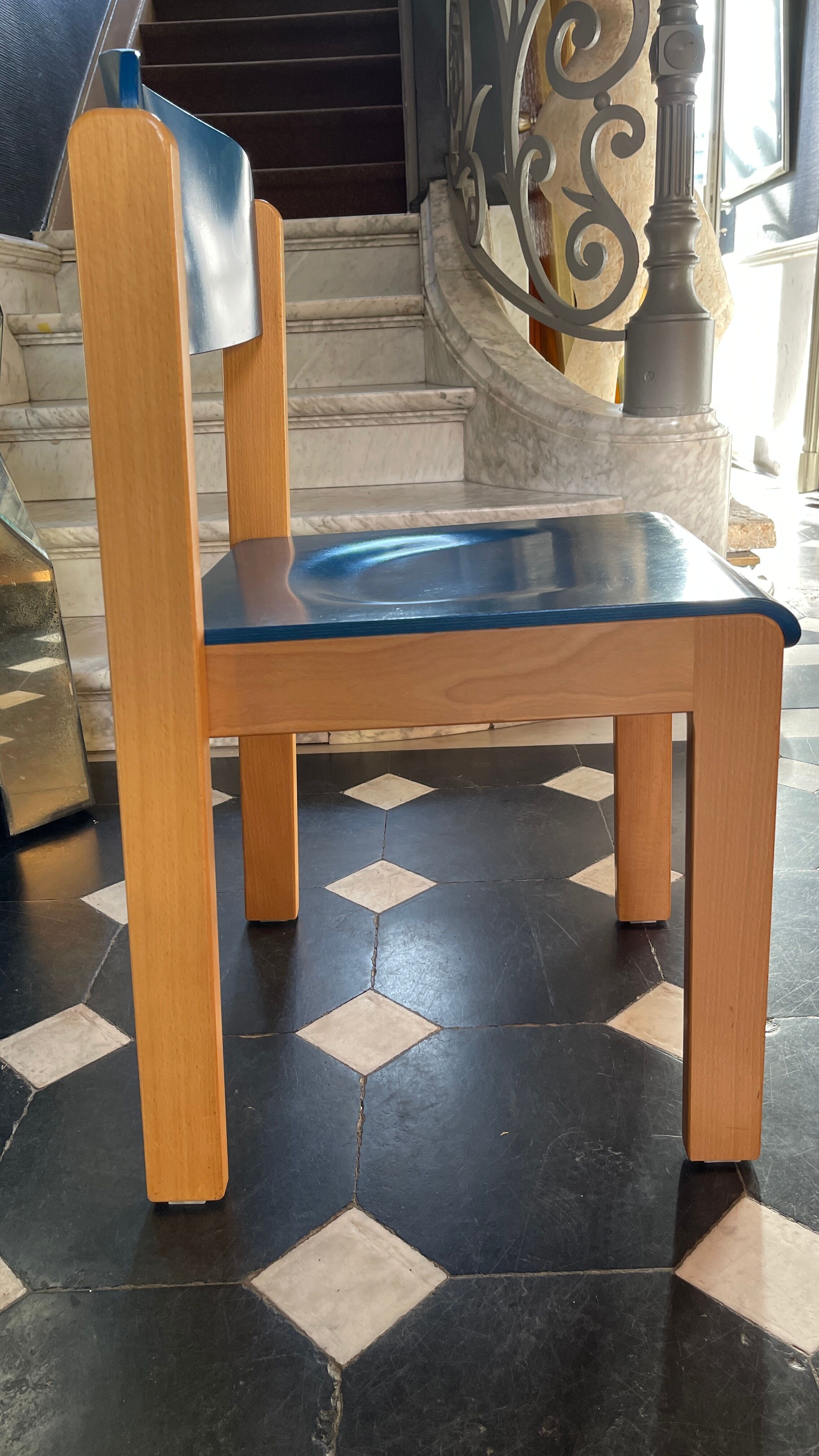 Series of 6 stackable vintage chairs, italian design, blue tinted beech, ca 1980