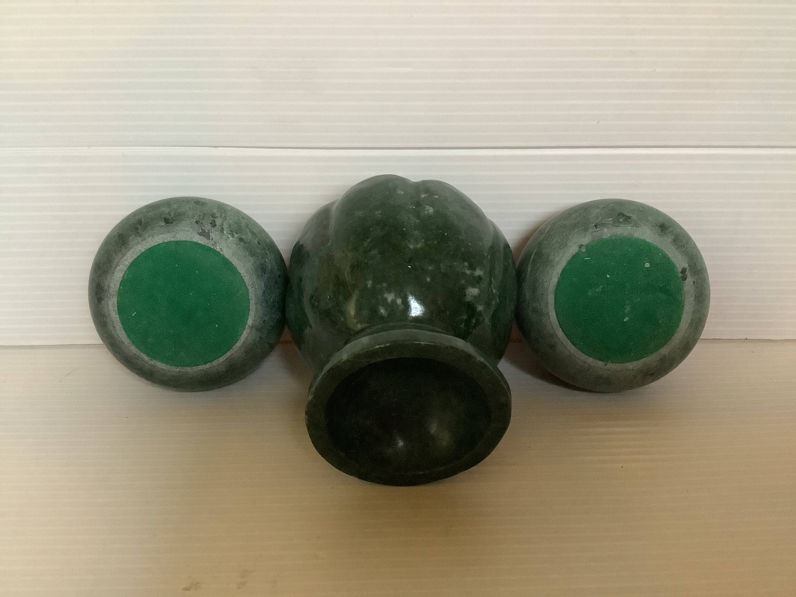 Six green marble candle holders