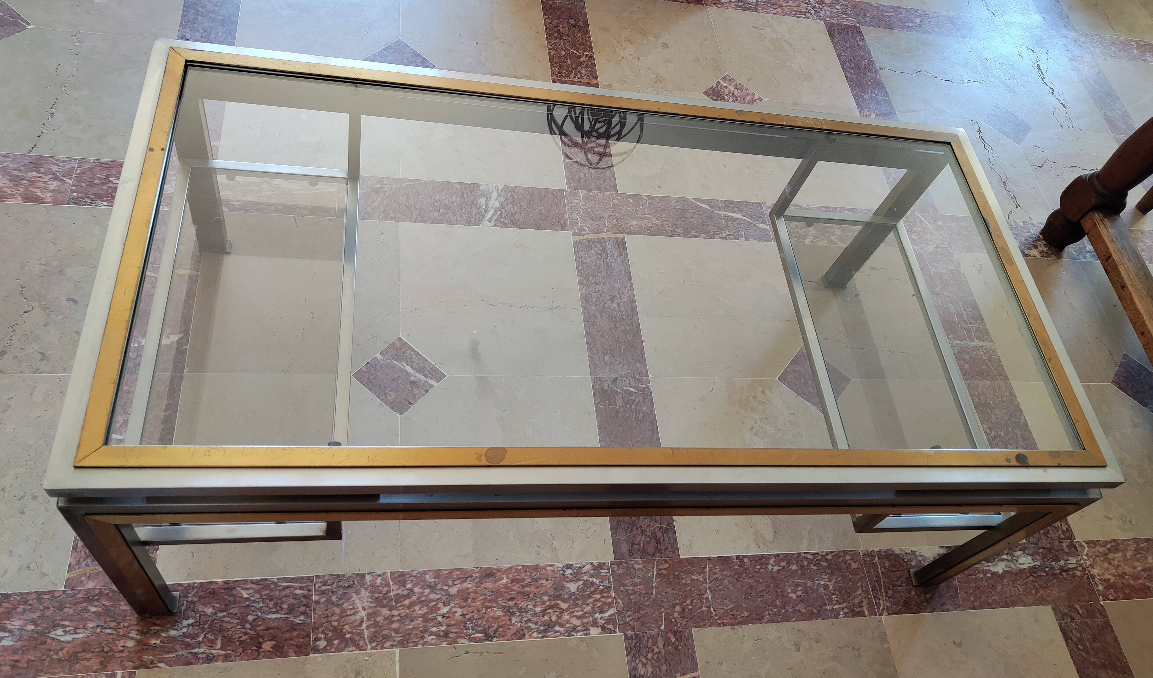 Guy lefèvre for maison jansen coffee table in brushed steel and brass 1970