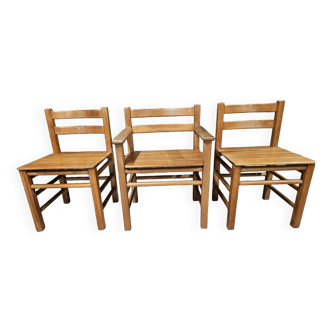 Lot of 2 wooden chairs and 1 vintage armchair 1970"