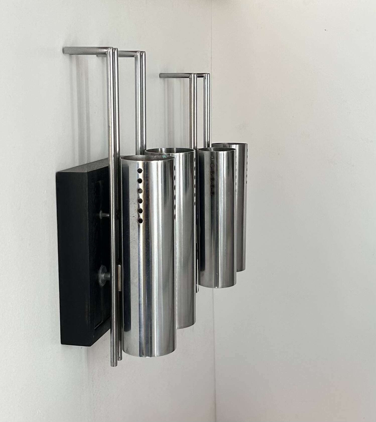 Pair of vintage wall lights, chrome-plated metal and blackened oak, France, 1970