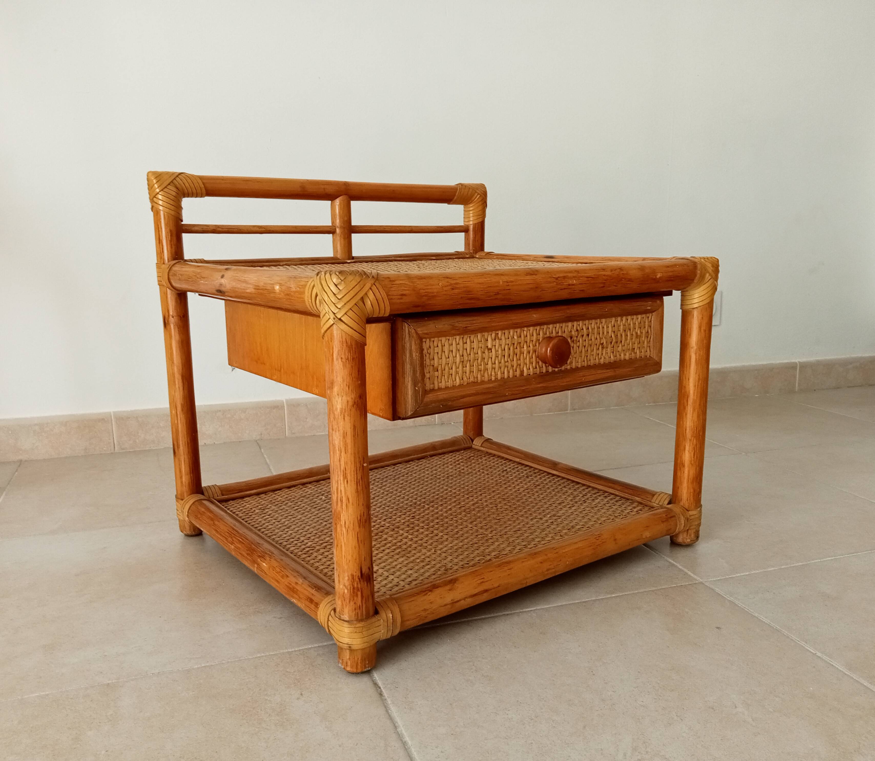 Vintage Maugrion side table in bamboo and rattan