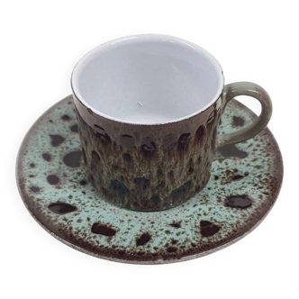 Tasse en céramique lava marron et turquoise, années 1970.