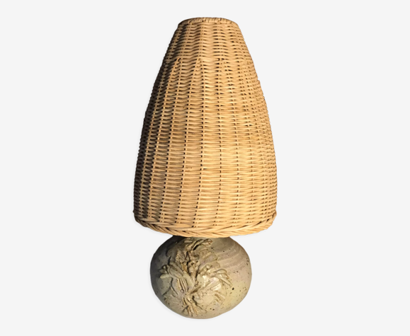 Lampe en grès vintage 1970 abat jour osier tressé