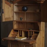 Old Danish secretary in pine with drop-down front and upper cabinet, mid-19th century.