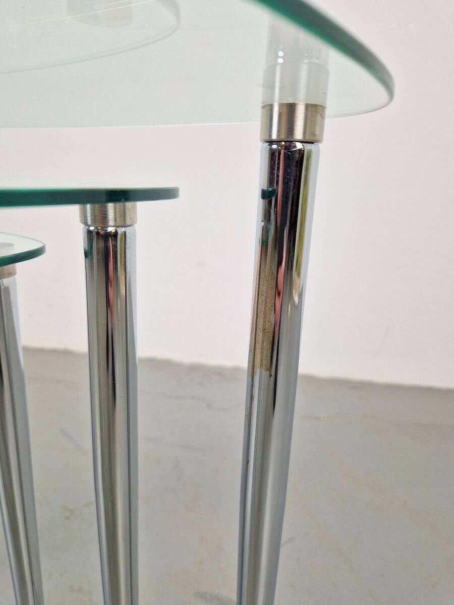 Triangular Nesting Tables in Glass and Metal, 1970s, Set of 3