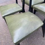 6 Italian design dining chairs in Scandinavian style with wood and olive green leather.