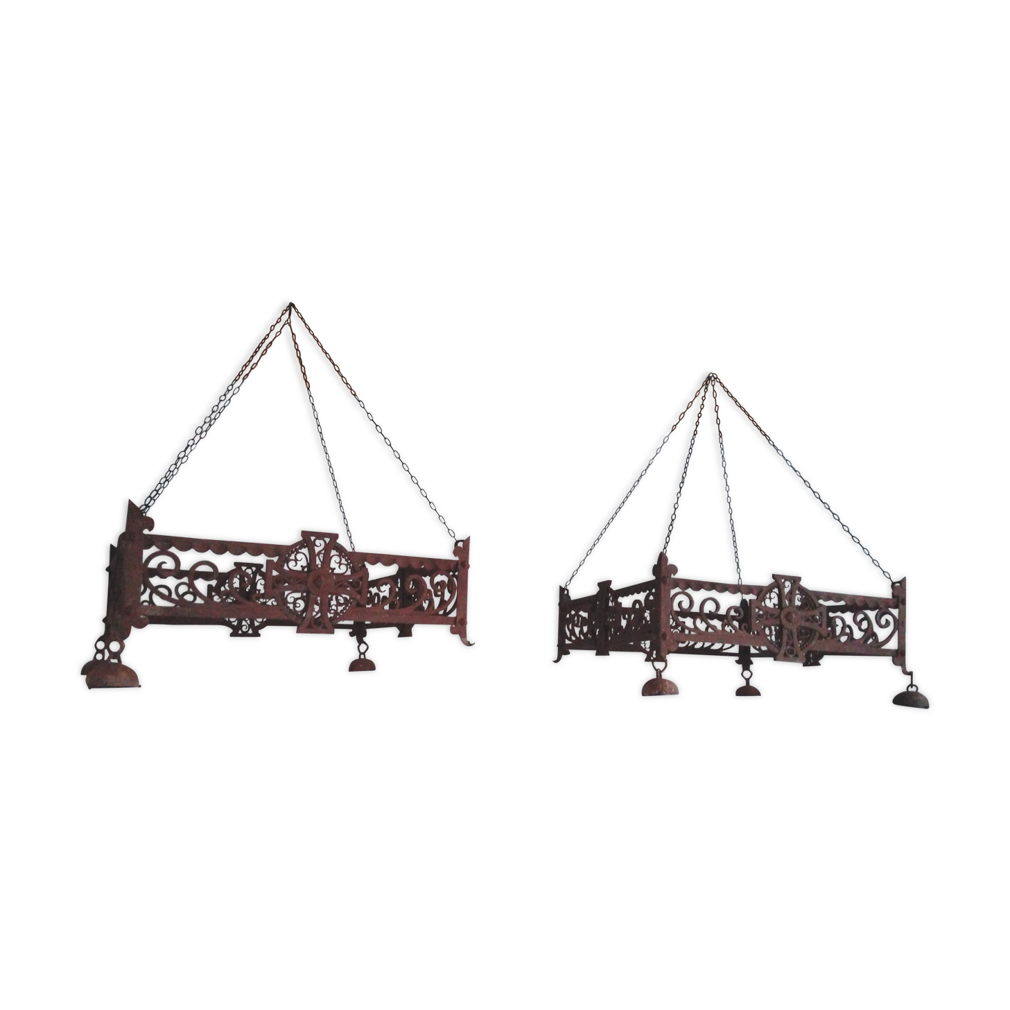 Pair of chandeliers suspensions in cast iron and 19th century wrought iron