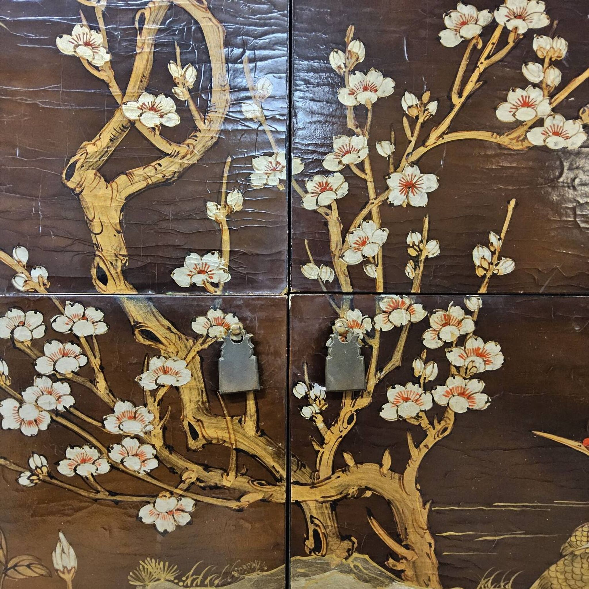 Vintage Chinese cabinet with birds & flowers, red & gold (bohemian)