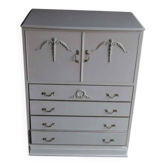 Mid-century wooden dresser painted in cream white, with 2 doors and 4 drawers, brass fittings.