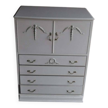 Coiffeuse mid-century en bois peinte blanc crème, 2 portes et 4 tiroirs, ferrures laiton