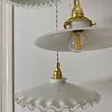 Three-light cascading pendant lamp with vintage white opaline lampshade