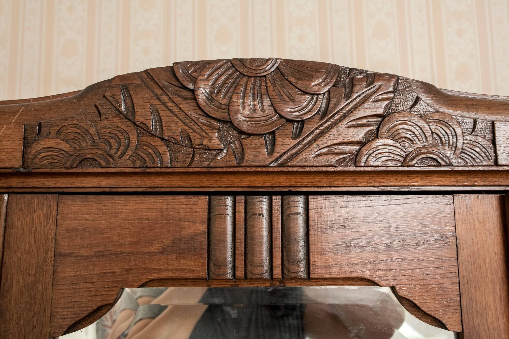 Old solid wood wardrobe with three vintage mirror doors