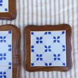 Vintage wood and blue ceramic tile coaster and bottle coaster set