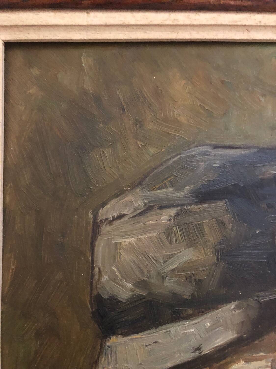 Oil on panel portrait of elderly man with pipe signed
