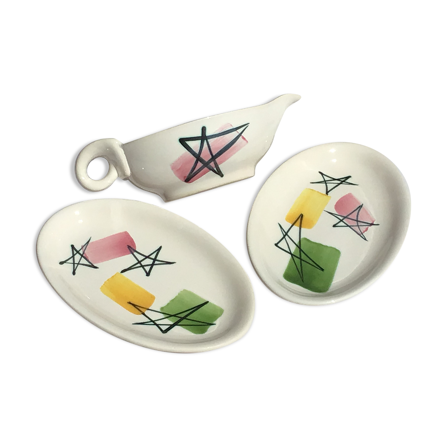 Dishes and saucière earthenware Pornic painted hand