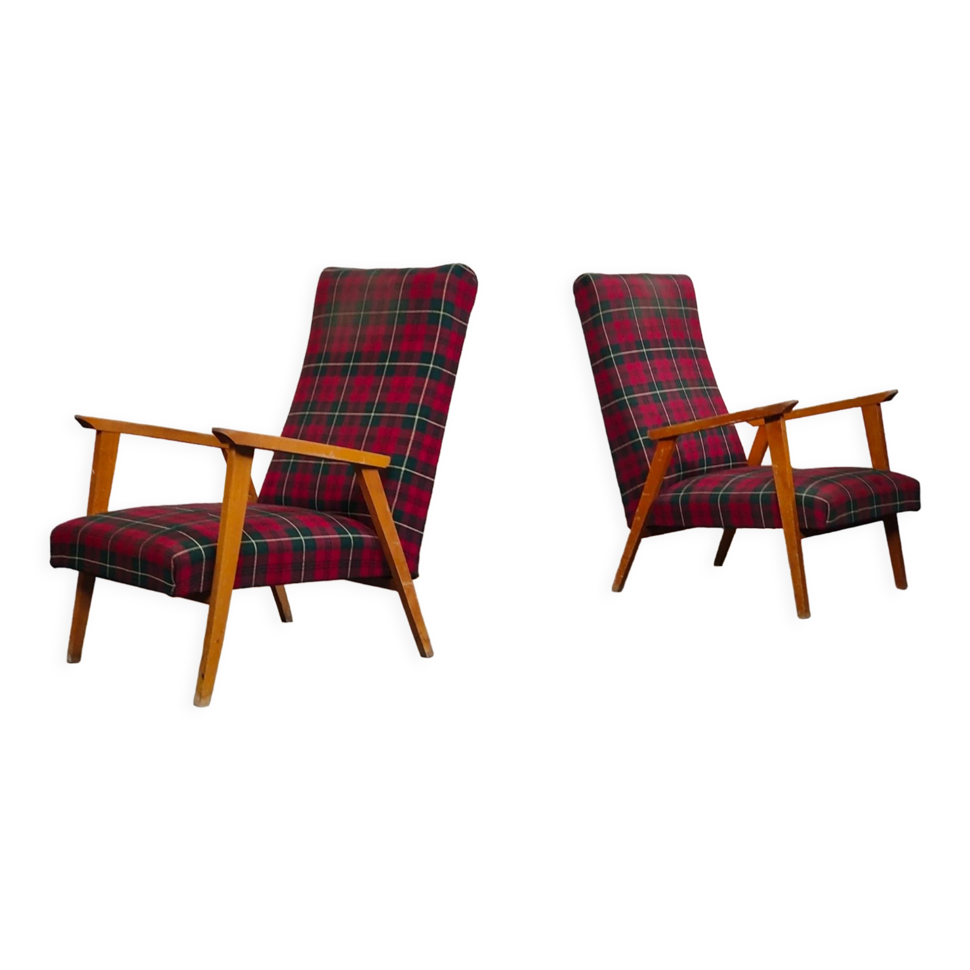 Pair of French beech armchairs from the 60s, tartan fabric