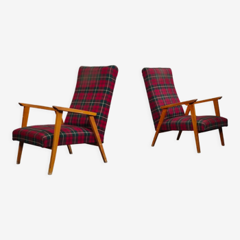 Paire de fauteuils français en hêtre années 60, tissu motif écossais