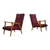Pair of French beech armchairs from the 60s, tartan fabric