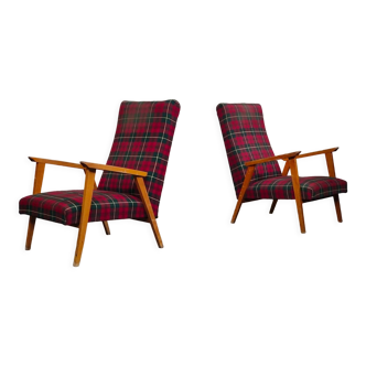 Pair of french armchairs in beech 60s, fabric scottish pattern