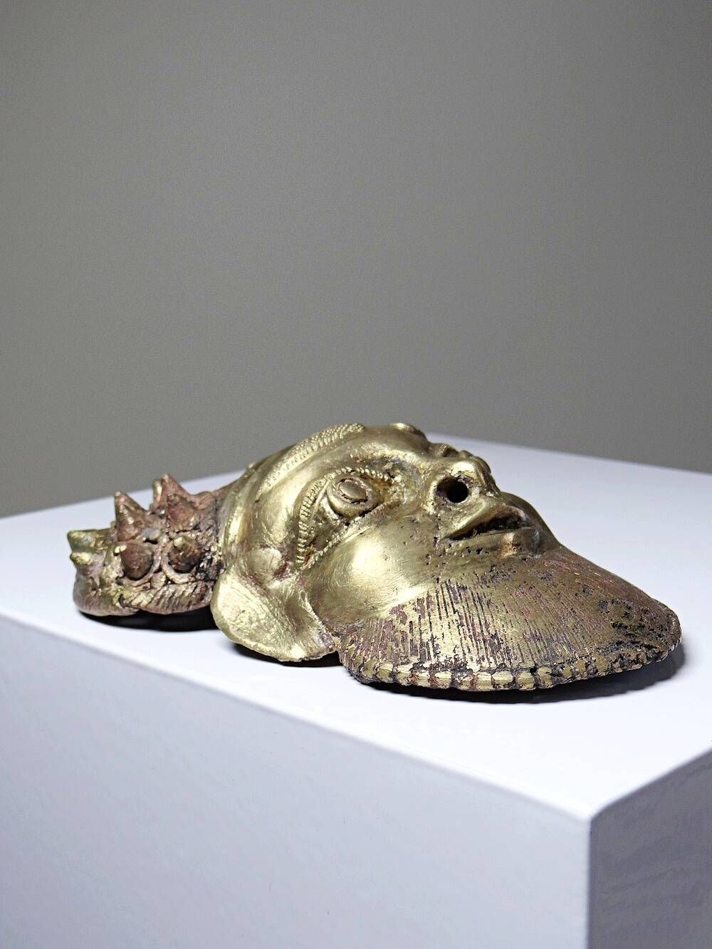 Small gilded bronze Oba mask from Bamoun, Cameroon, vintage Africa