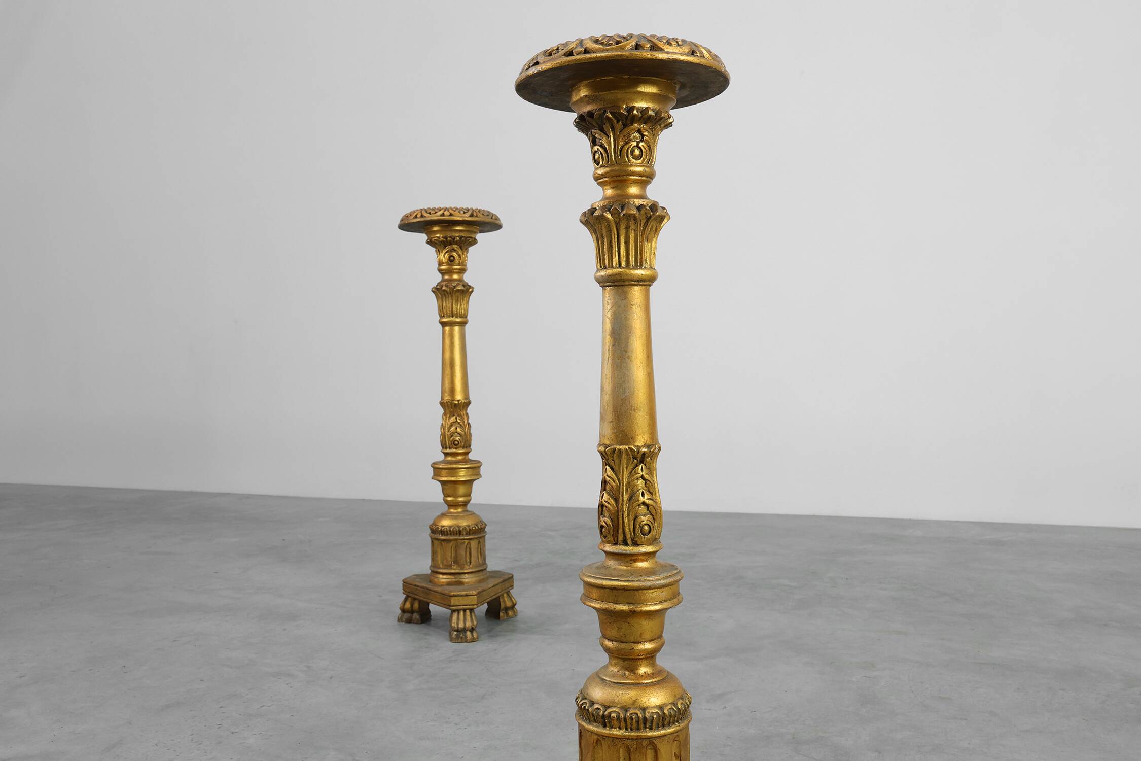 Pair of Gilt Wooden Pedestals with Plaster Decoration, France 19th Century