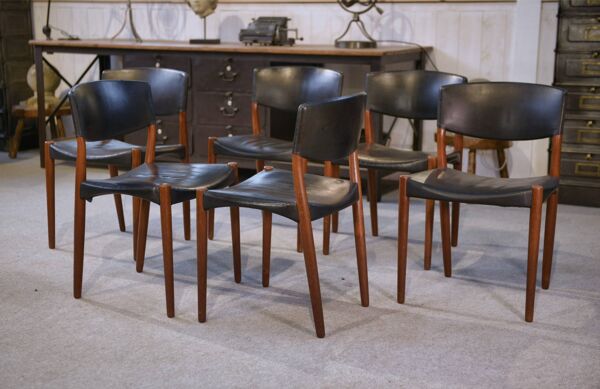Ensemble de 6 chaises Ejner Larsen et A. Bender Madsen pour Willy Beck design scandinave en cuir et palissandre 1960’s