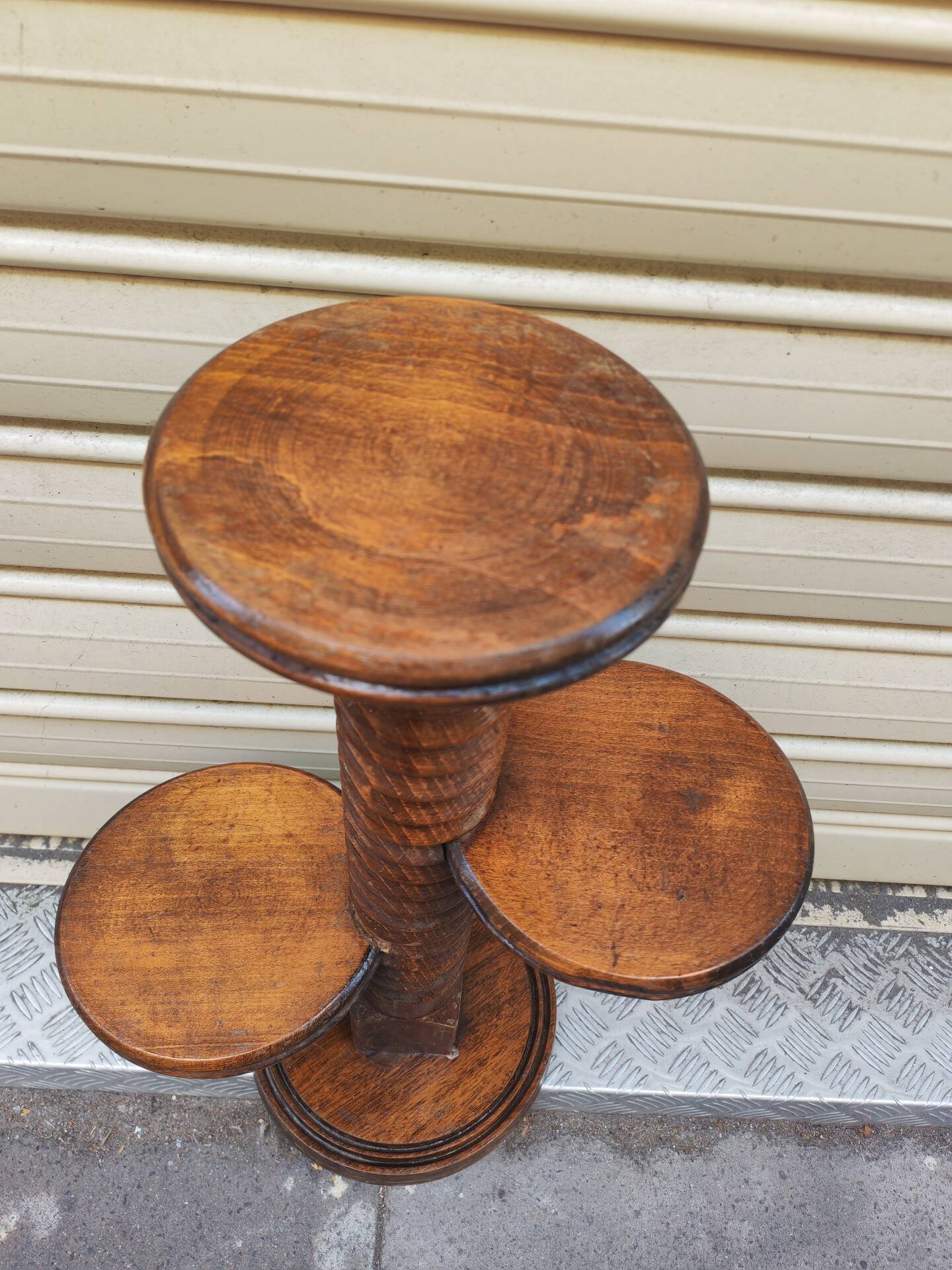 Turned wooden gueridon side table, solid turned, Charles Dudouyt style, 1960.
