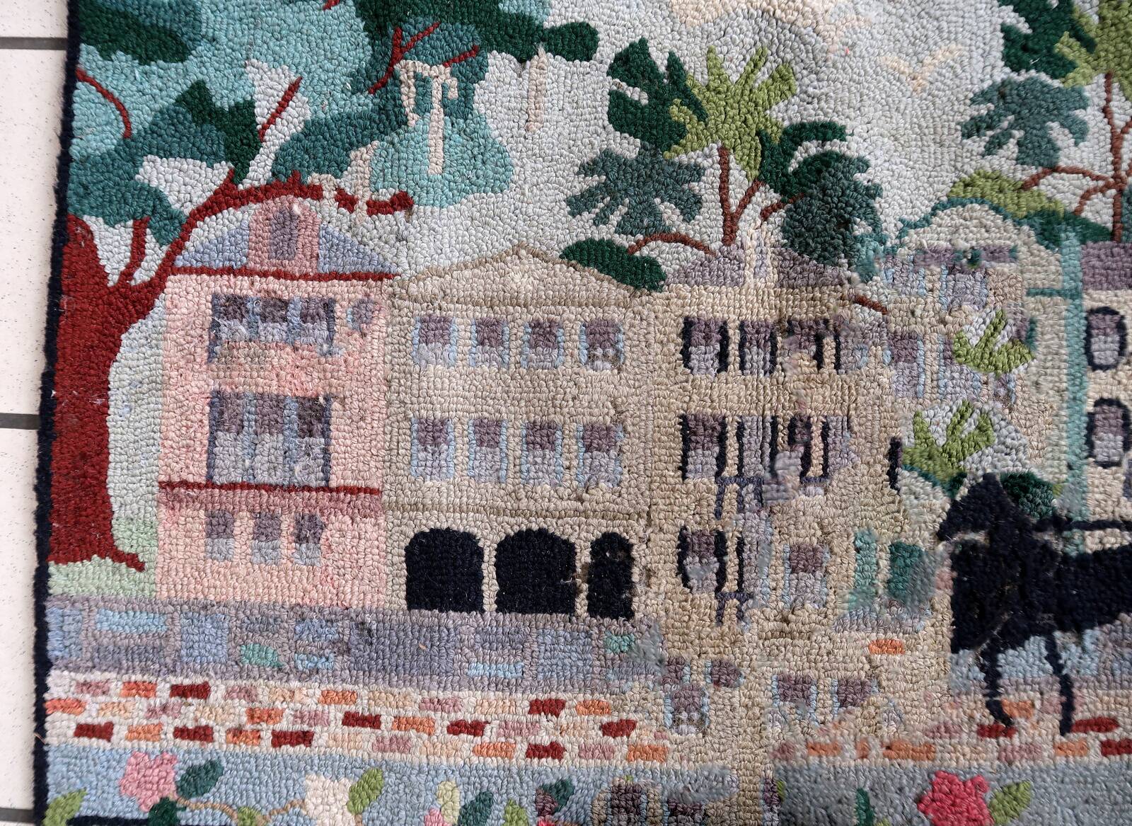 Tapis Hooked vintage américain – 56 x 86 cm – Design pictural - 1C982