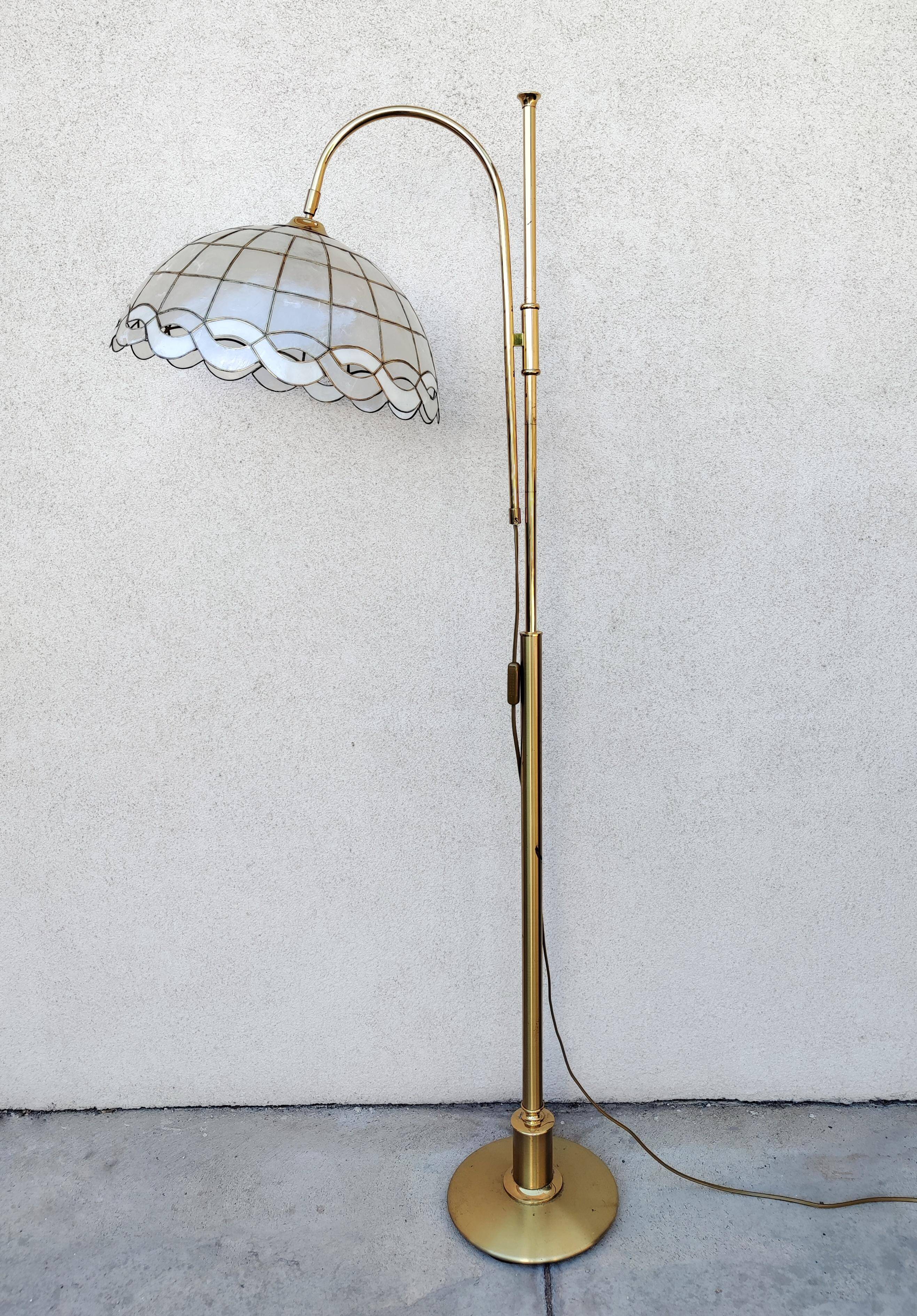 Mid Century Modern brass floor lamp with Capiz shell shade 1970s