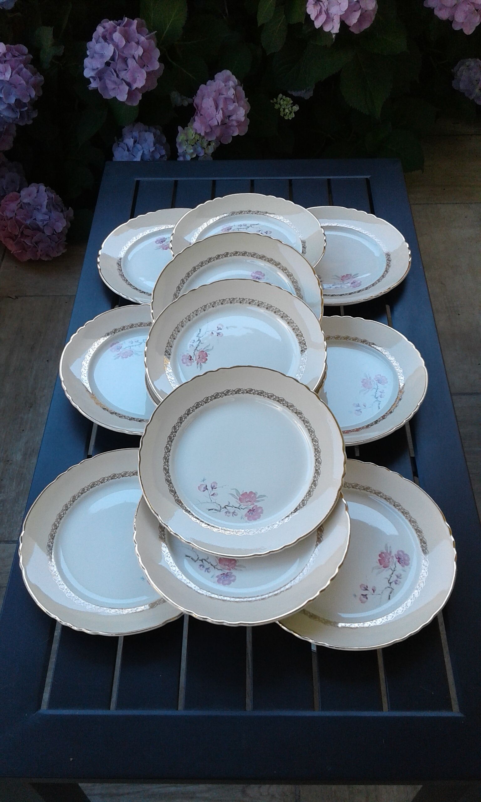 Set of 12 flat plates decors flowers vintage
