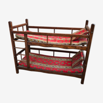 Ancien lit superposé poupée bois + matelas & coussins tissu vintage