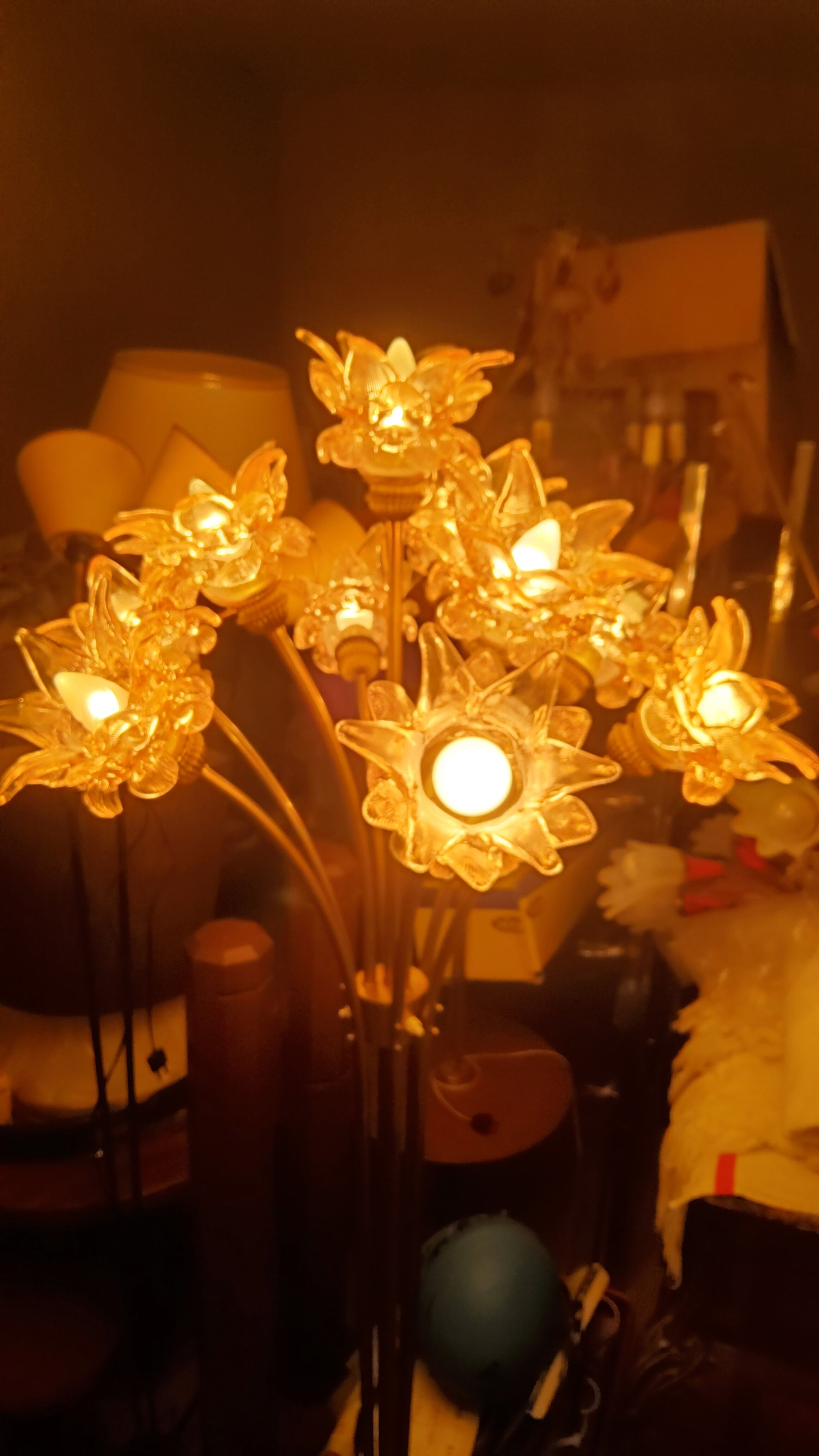 70s brass lamp and 10 tulip glass