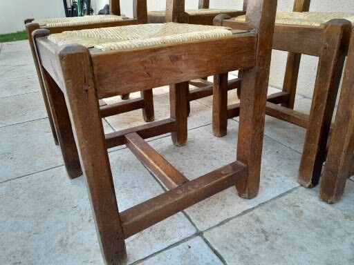 6 old oak chairs, brutalist wood, straw