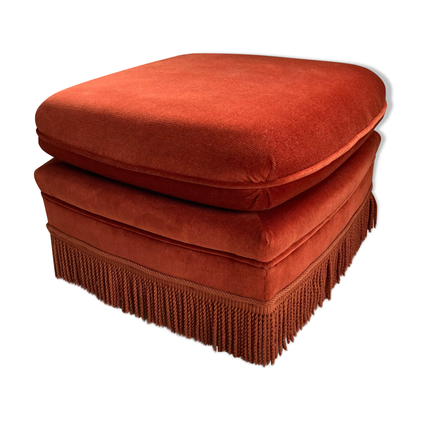 Vintage Jean Roche pouf in orange velvet with fringes