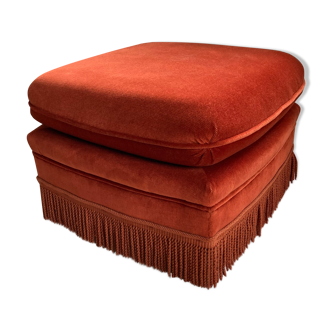 Vintage Jean Roche pouf in orange velvet with fringes