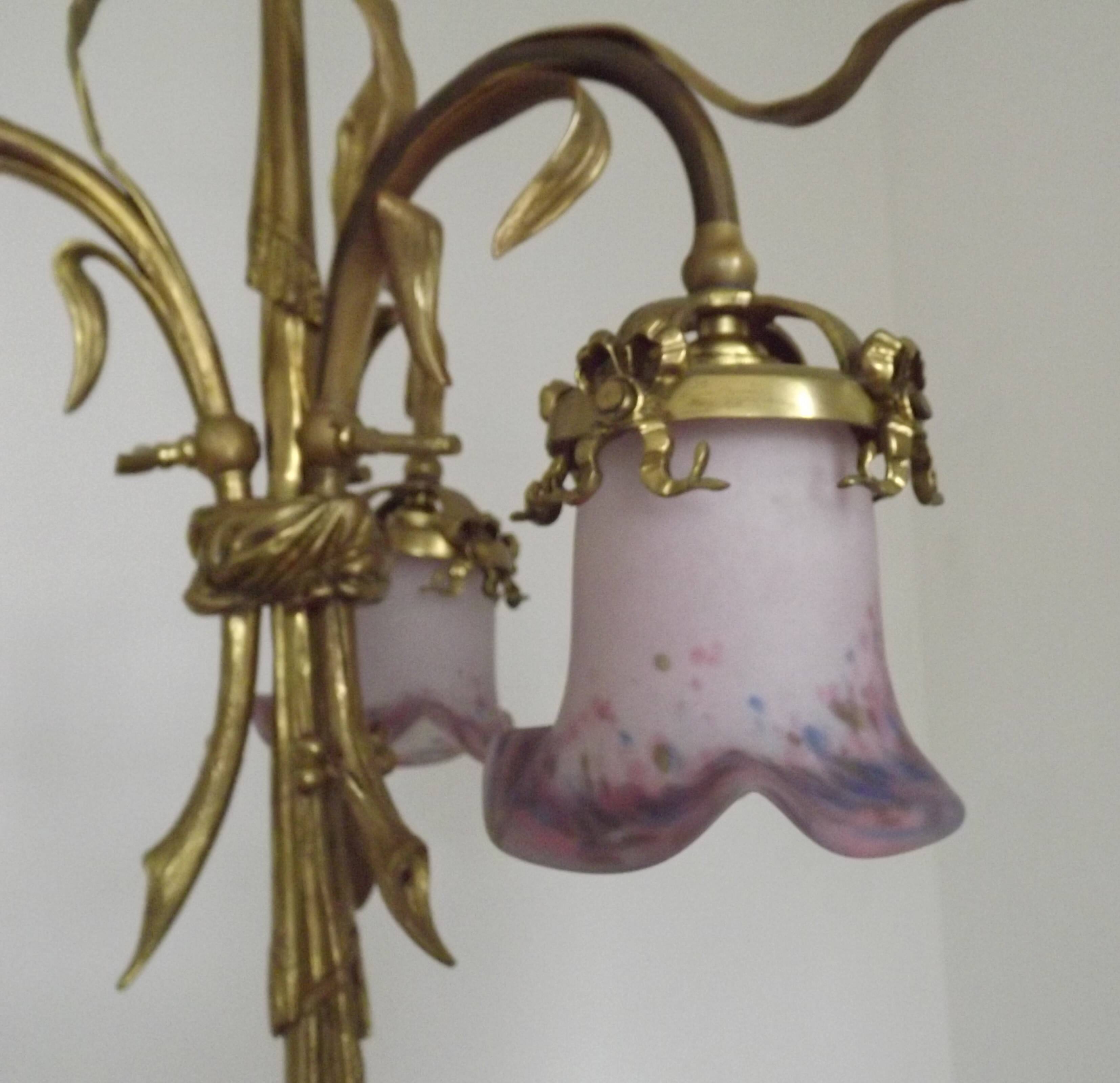 French Antique Late 1800s 3-Light Gilt Bronze Chandelier Art Glass Shades 5089
