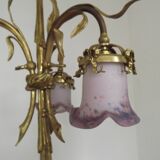 Lustre à 3 lumières en bronze doré, abat-jour en verre d'art 5089