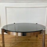Table basse ronde métal chromé et verre années 70