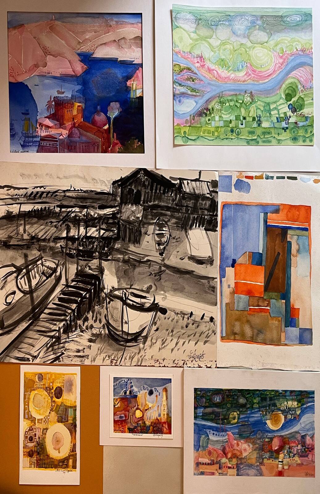 Set of 7 watercolour paintings signed B. Lévêque "Travel Notebook"