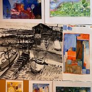 Set of 7 watercolour paintings signed B. Lévêque "Travel Notebook"