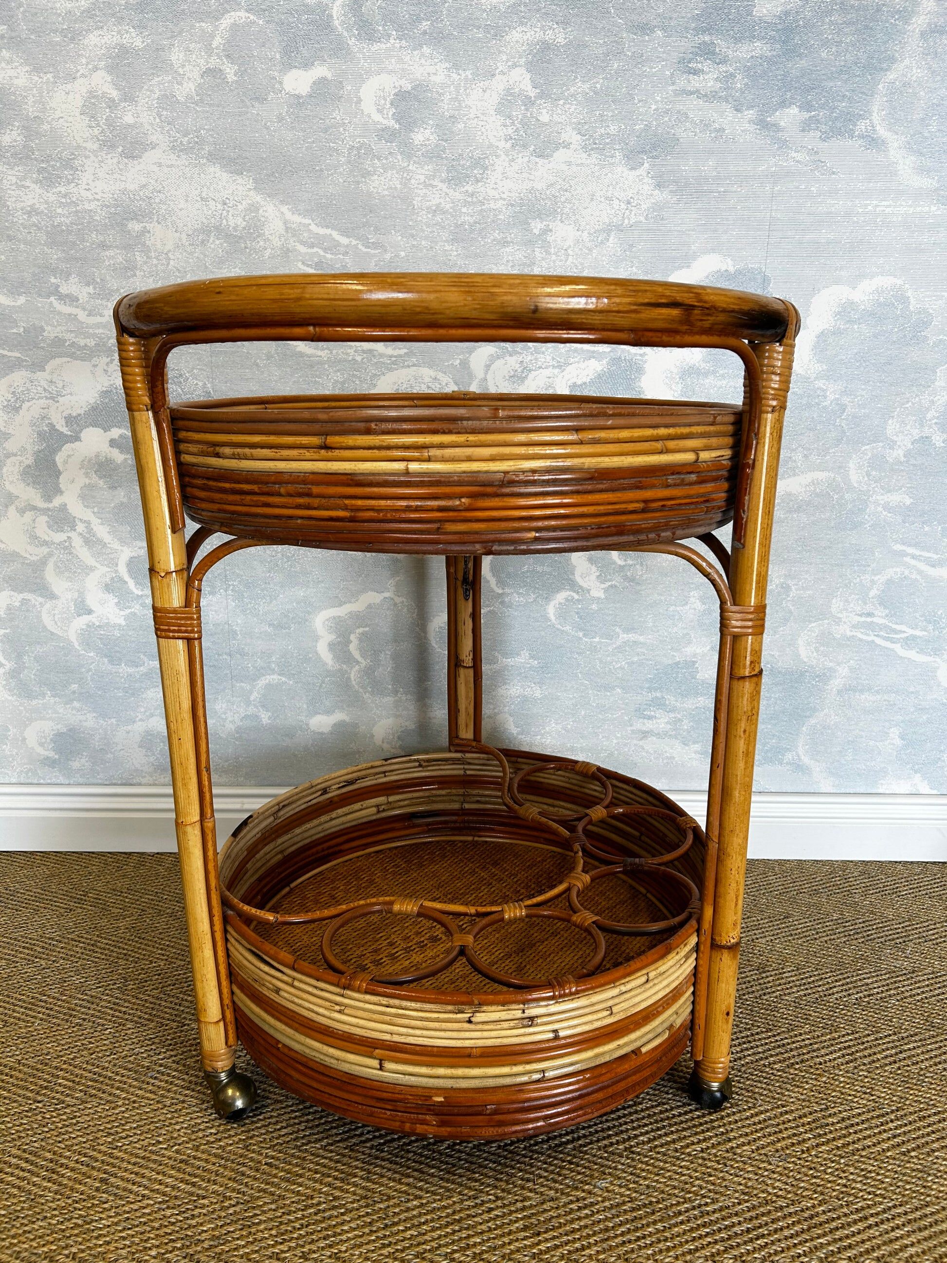 2-tiered round bamboo bar cart in the style of Vivai del Sud, Italy, 1960s