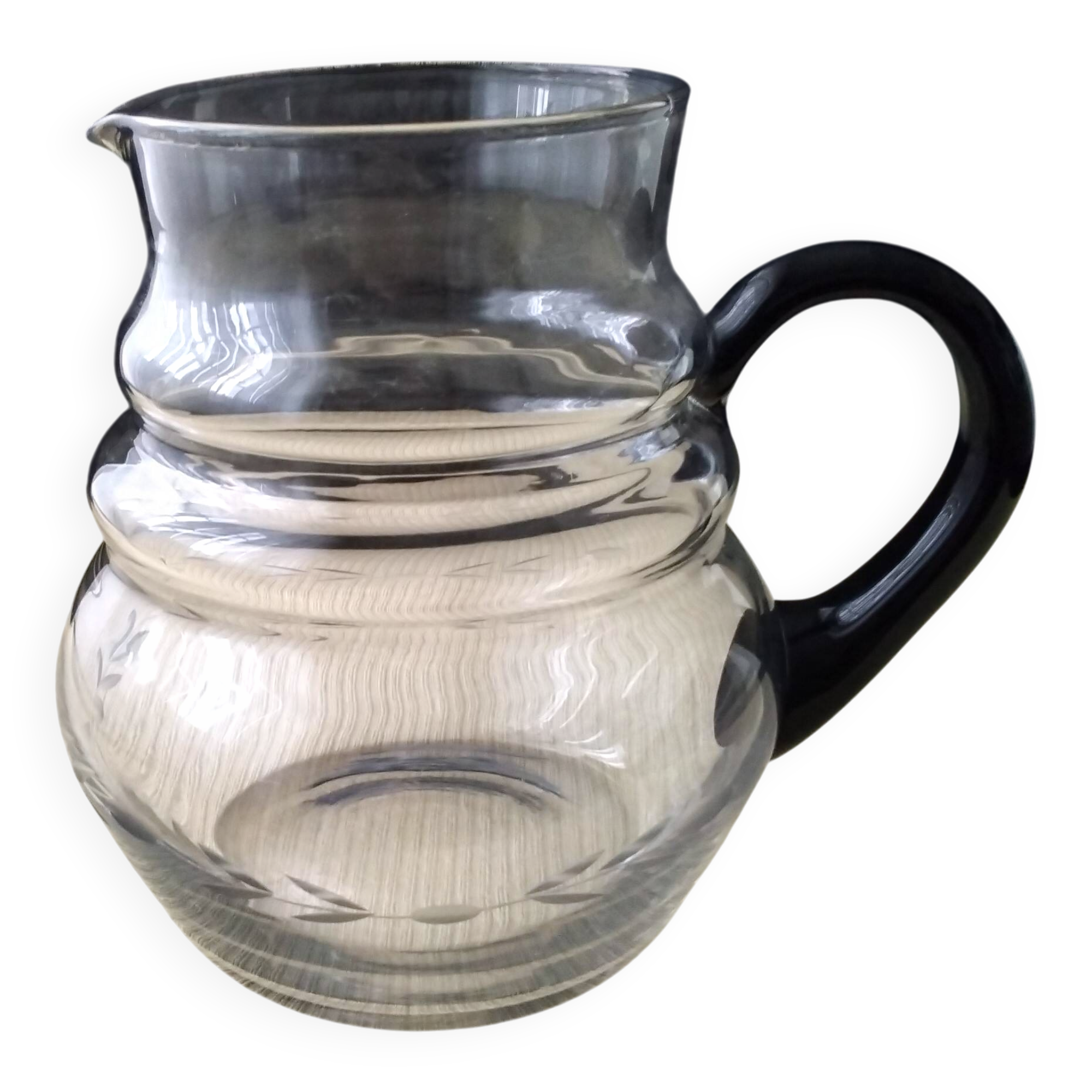 Water jug, blown glass carafe. Delicate engraved decoration