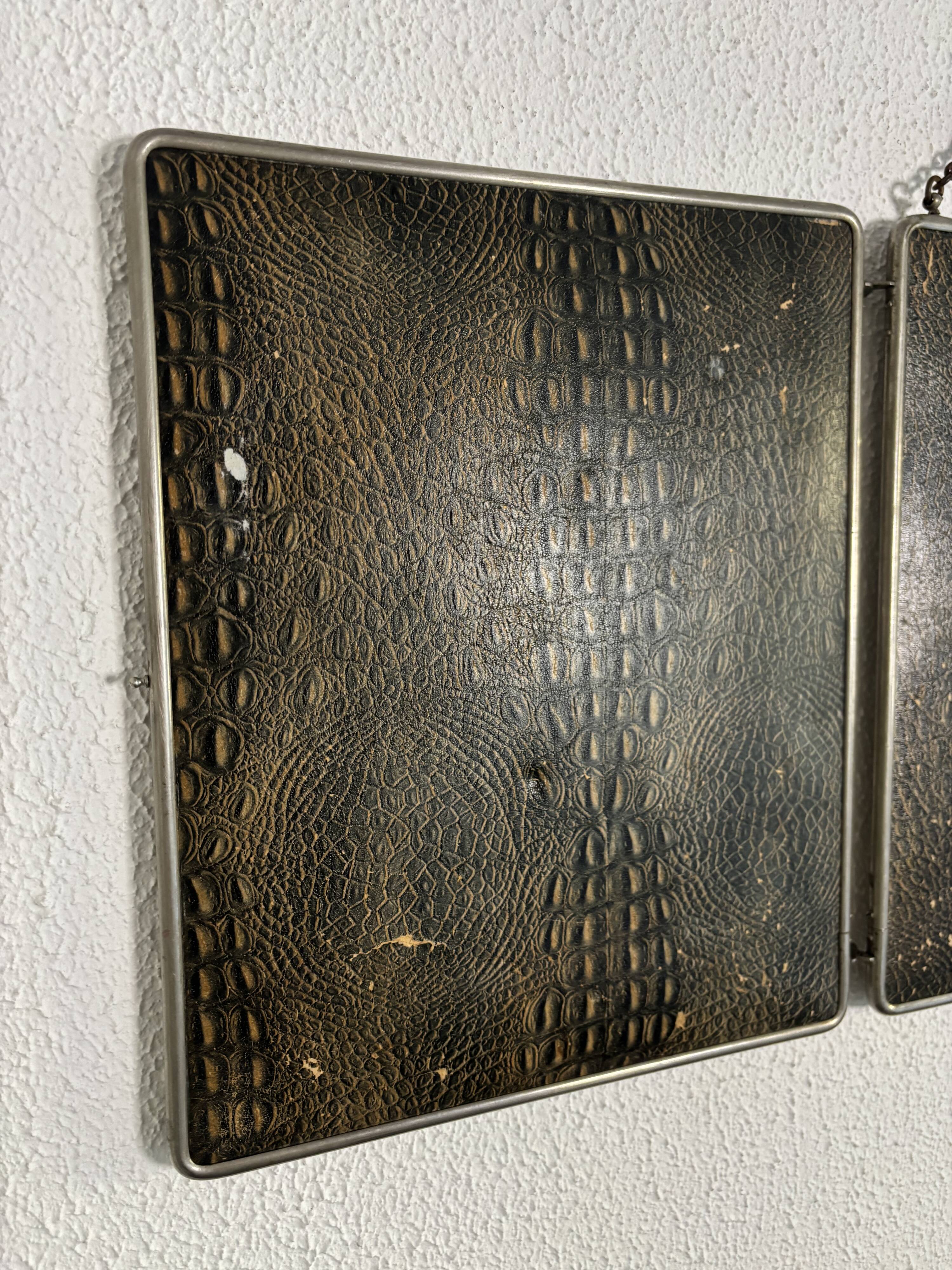 Vintage 1930s triptych barber mirror in black faux crocodile leather - 33 x 84 cm