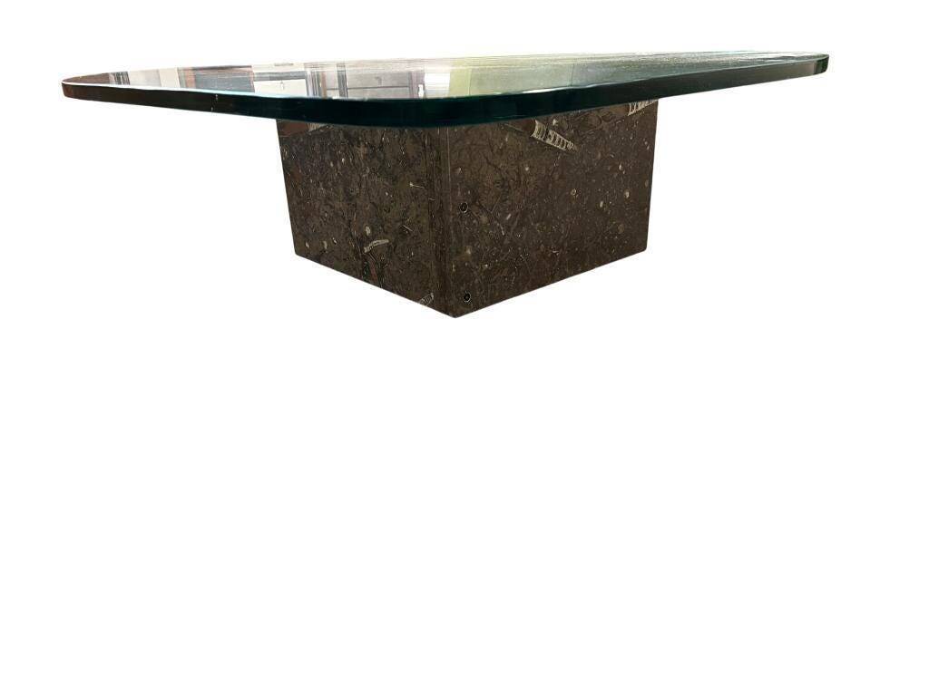 Vintage teardrop-shaped glass coffee table with stone base