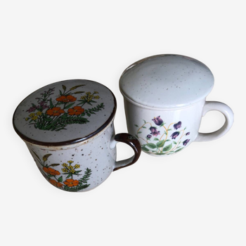 2 tasses à thé en gré Vintage avec filtre et couvercle