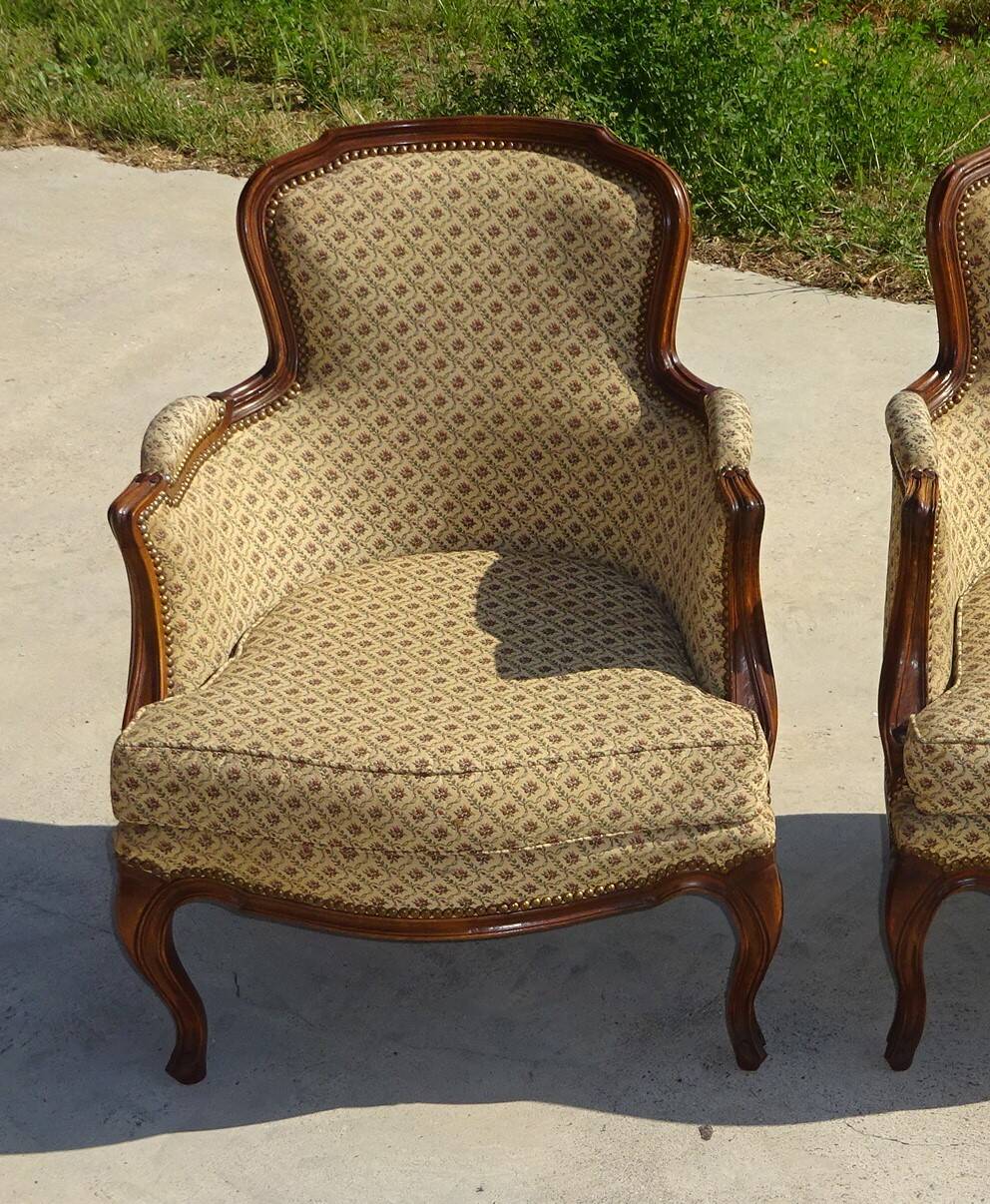 Bergère armchair in walnut and upholstered fabrics, set of 2