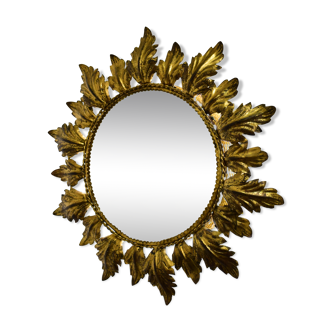 Miroir rétroéclairant soleil métal dorée décor feuille d'acanthe